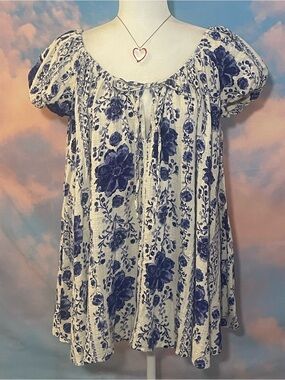 Bohemian and Flowy White with Blue Floral Puff-Sleeve Mini Dress
